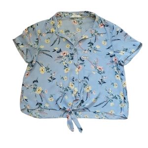 Hippie Rose Floral Blue Shirt with Tie. Size Medium. Hawian Shirt.